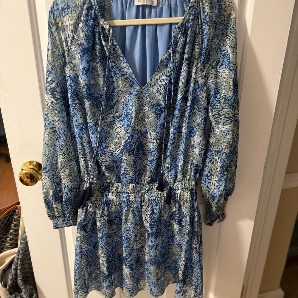Ramy Brook Blue and White Patterned Long Sleeve Dress